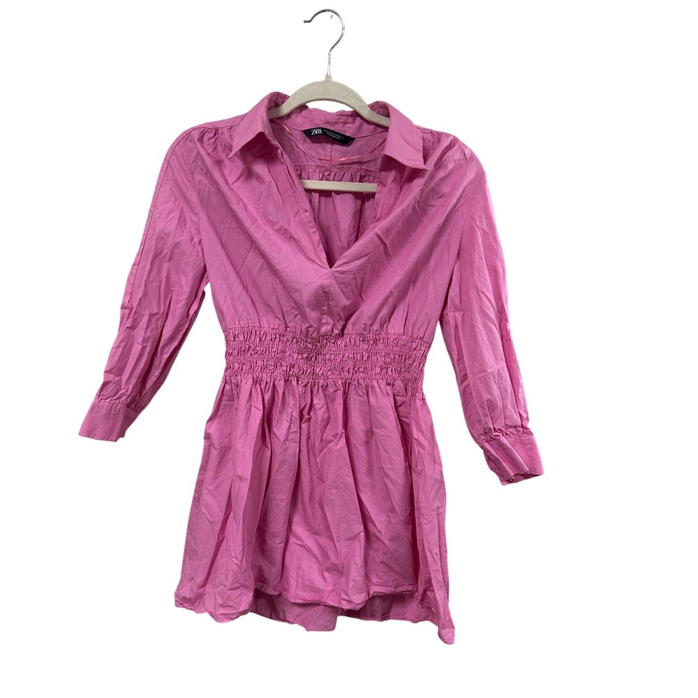 Zara Pink Cotton Poplin Smocked Waist V-Neck Mini Dress Womens Medium‎ M
